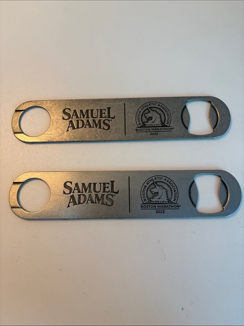 Two Samuel Adams Boston Marathon Metal Bottle Openers - Silver